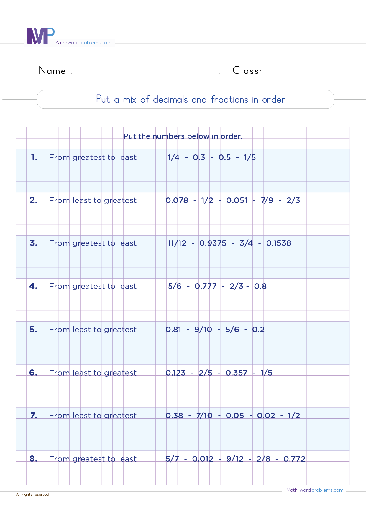 Put a mix of decimals and fractions in order worksheet