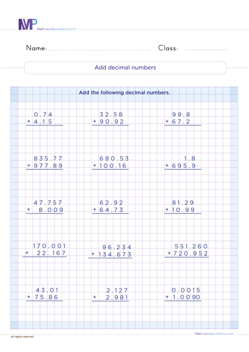 Add decimal numbers worksheet