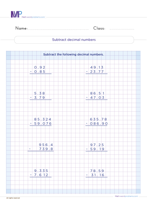 Subtract decimal numbers worksheet