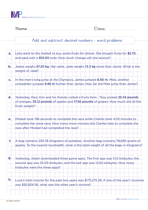 Add and subtract decimals word problems worksheet