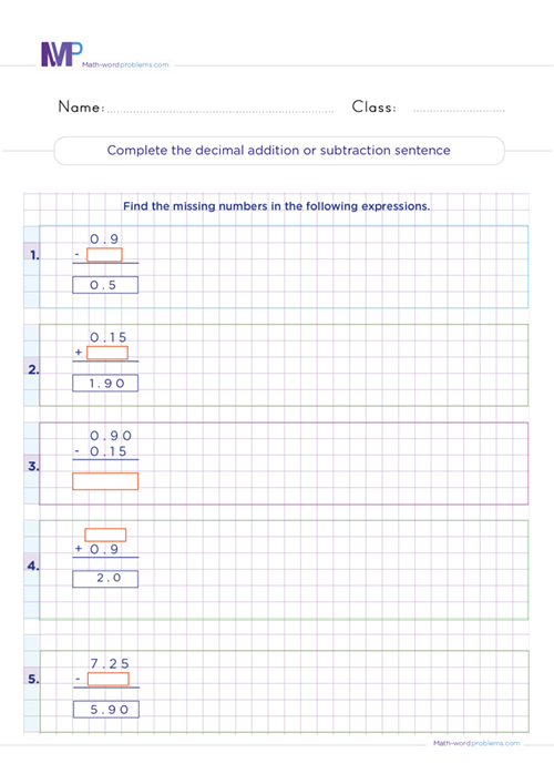 Complete the decimal addition or subtraction sentence worksheet