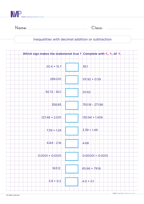 Inequalities with decimal addition or subtraction sentence worksheet