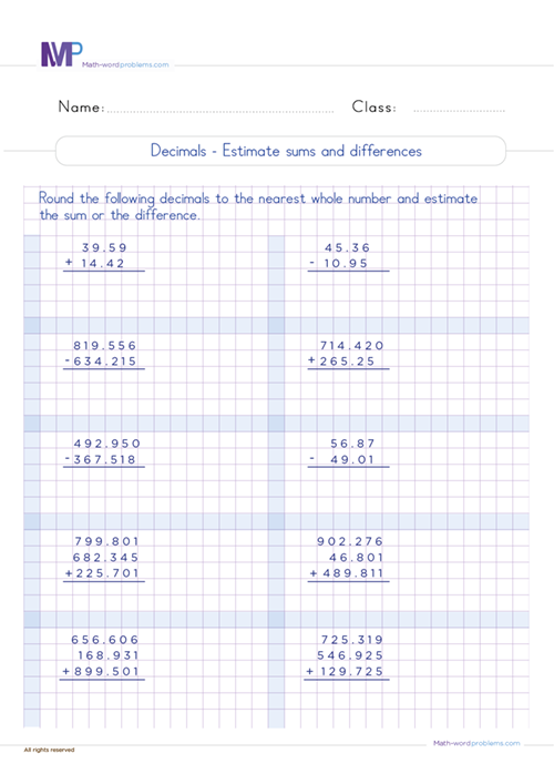 Estimate sums and differences of decimals worksheet