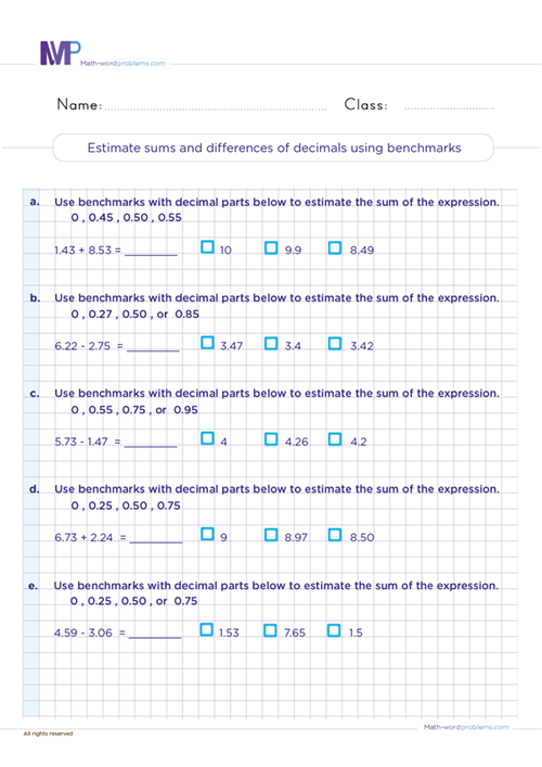 Estimate sums and differences of decimals using rounding worksheet
