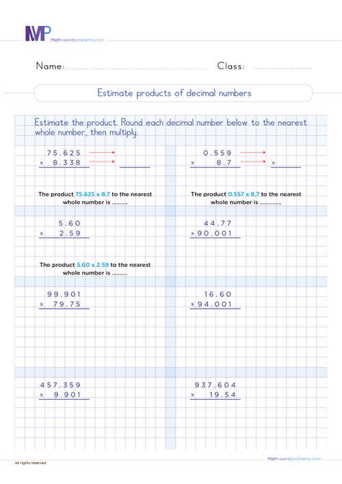 estimate-product-of-decimal-numbers worksheet