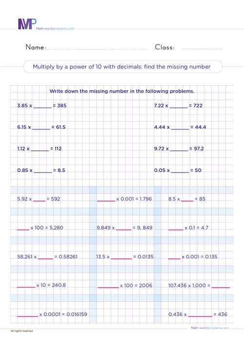 multiply-by-a-power-of-ten-with-decimals-find-the-missing-number worksheet