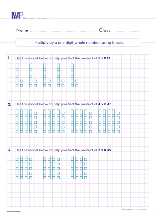 multiply-by-a-one-digit-whole-number-using-blocks worksheet