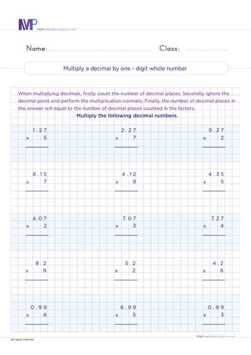 multiply-a-decimal-by-one-digit-whole-number worksheet