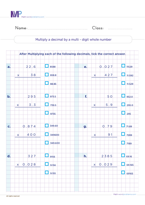 Multiply a decimal by a multi digit whole number worksheet