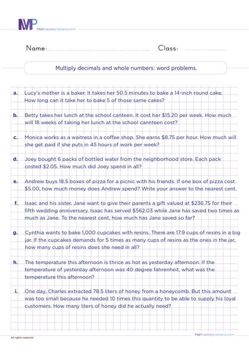 Multiply a decimals and whole numbers word problems worksheet