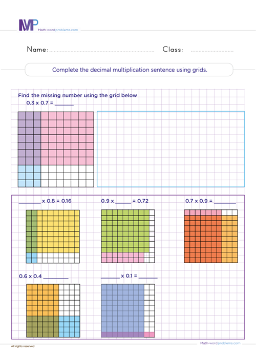 Complete the decimal multiplication sentence using grids worksheet