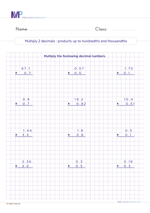 multiply-2-decimals-products-up-to-hundredth-and-thousandths worksheet