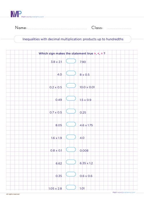 inequalities-with-decimal-multiplication-products-up-to-thousandths worksheet
