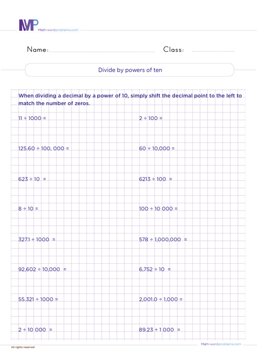 divide-decimals-by-powers-of-ten worksheet