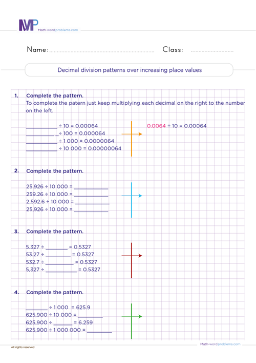 decimal-division-patterns-over-increasing-place-values worksheet