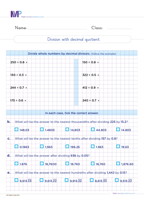 division-with-decimal-quotient worksheet