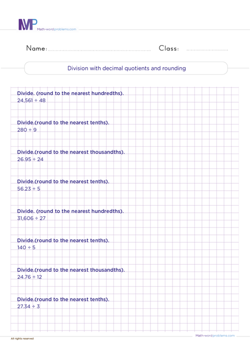 Division with decimal quotients and rounding worksheet