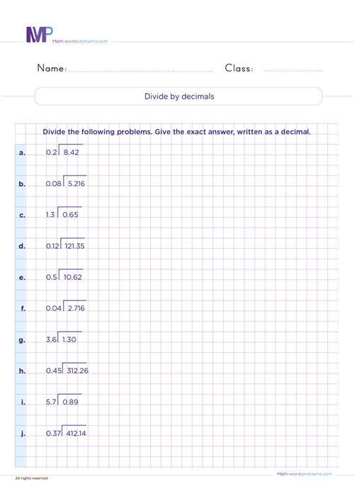 Divide decimals numbers worksheet