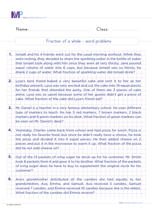 Fractions of whole word problems worksheet