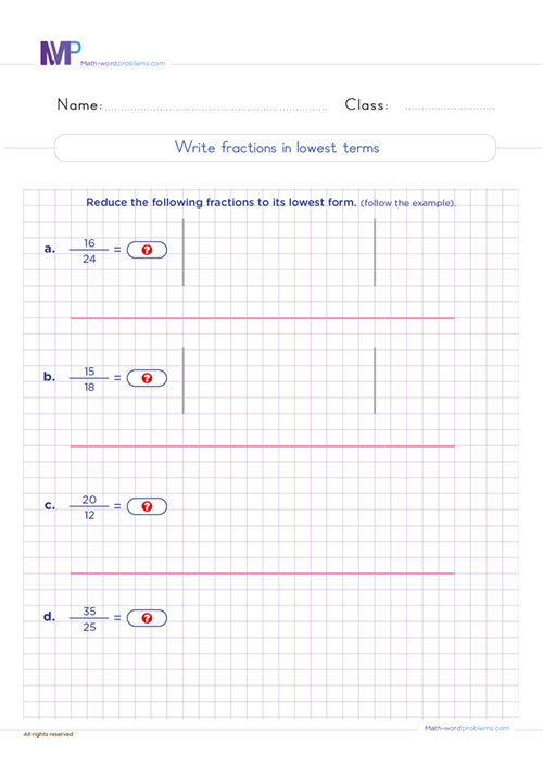 Write fractions in lowest terms worksheet