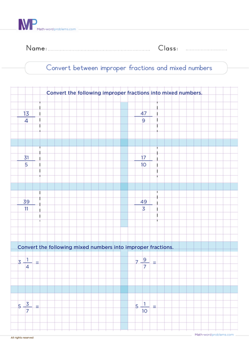 Convert between improper fractions and mixed numbers worksheet