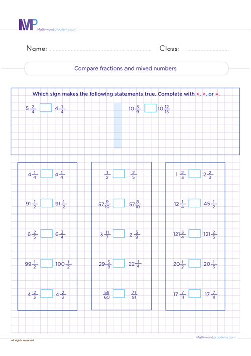Compare fractions and mixed numbers worksheet