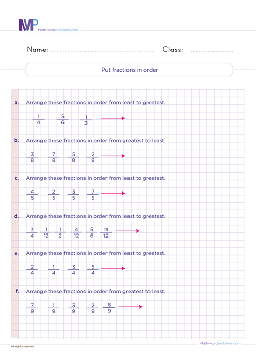 Put fractions in order worksheet