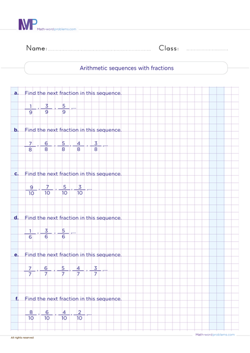 Arithmetic sequences with fractions worksheet