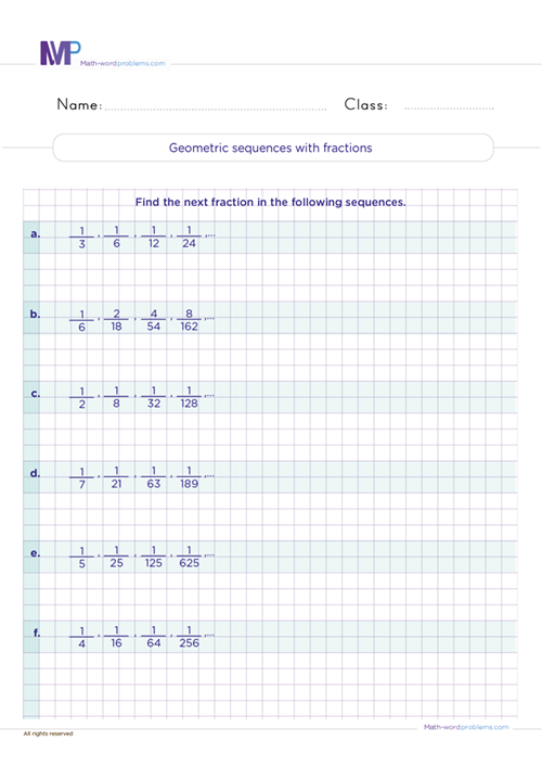 Geometric sequences with fractions worksheet