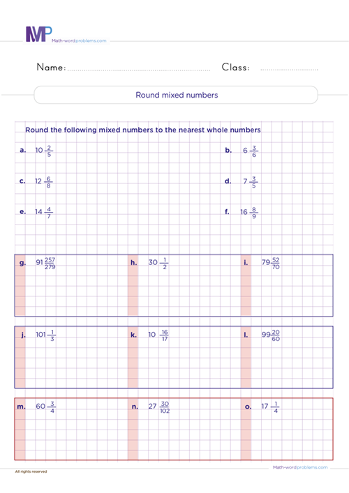 Round mixed numbers worksheet