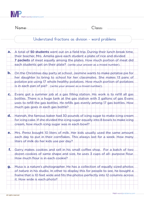 Understand fractions as division word problems worksheet
