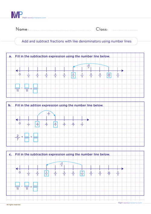 Add and subtract fractions with like denominators using number lines worksheet