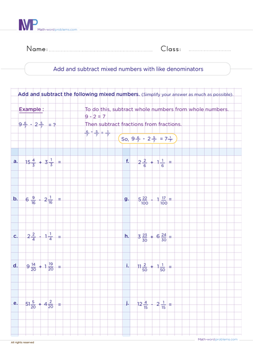 Add and subtract mixed numbers with like denominators worksheet
