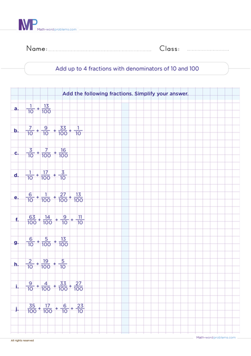 Add up to 4 fractions with denominators of 10 and 100 worksheet