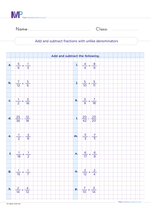 Add and subtract fractions with unlike denominators worksheet