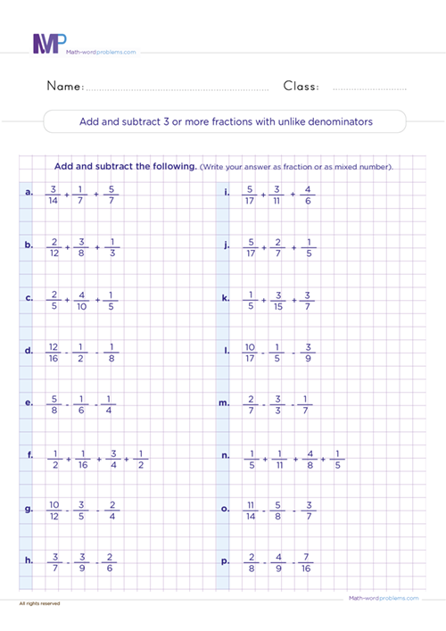 add-and-subtract-3-or-more-fractions-with-unlike-denominators worksheet