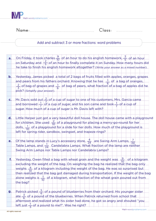 add-and-subtract-3-or-more-fractions-with-unlike-denominators-word-problems worksheet