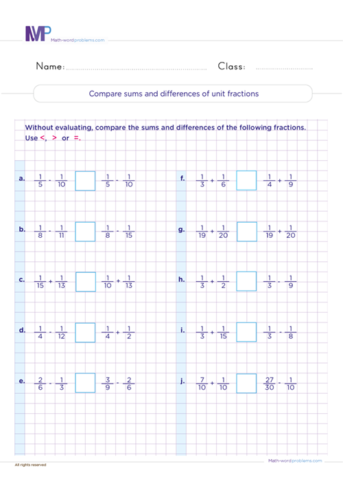 Compare sums and differences of unit fractions worksheet