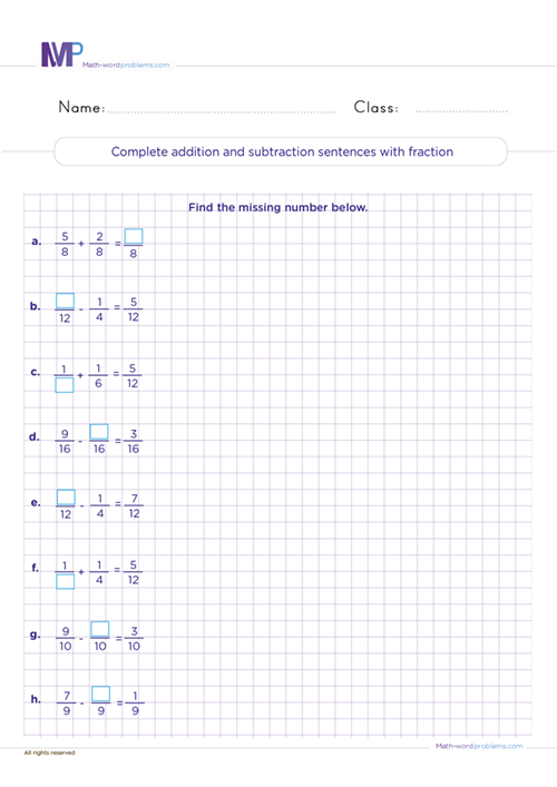 complet-addition-and-subtraction-sentences-with-fraction worksheet