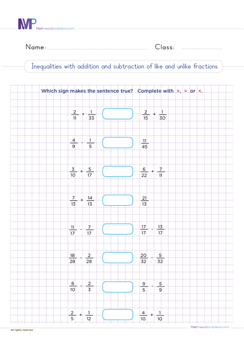 inequalities-with-addition-and-subtract-of-like-and-unlike-fraction worksheet