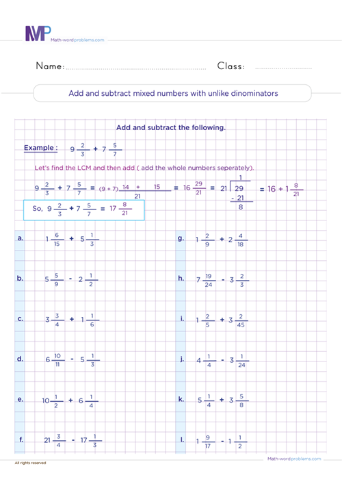 Add and subtract mixed numbers with unlike denominators worksheet