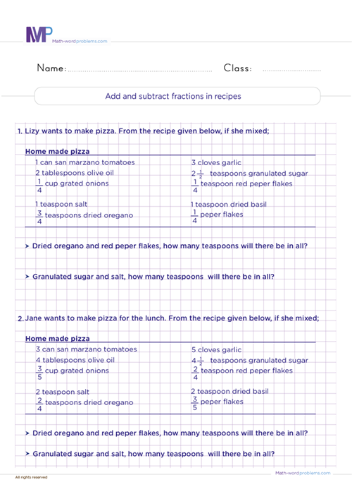 Add and subtract fractions in recipes worksheet