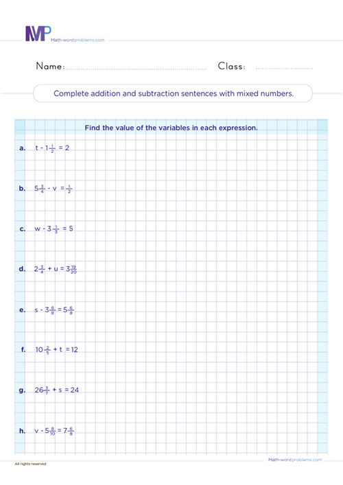 Complete addition and subtraction sentences with mixed numbers worksheet