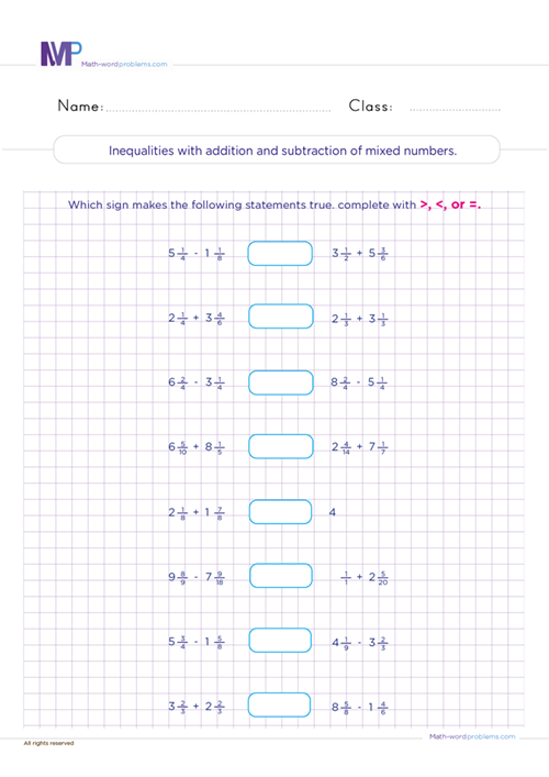 Inequalities with addition and subtraction of mixed-numbers worksheet