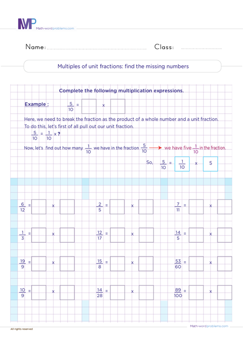 Multiply unit fractions find the missing numbers worksheet