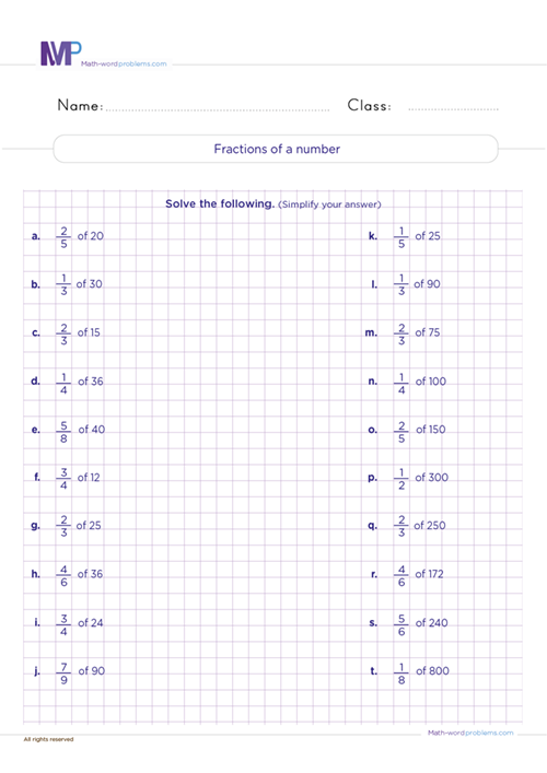 fractions-of-a-number worksheet