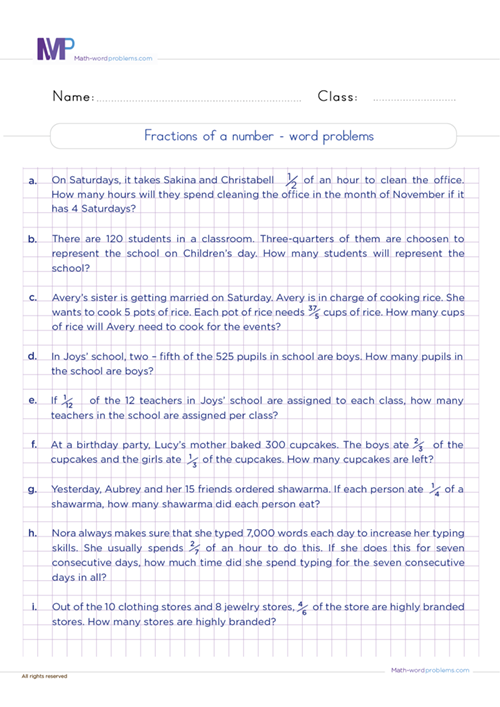 Fraction of a number word problems worksheet