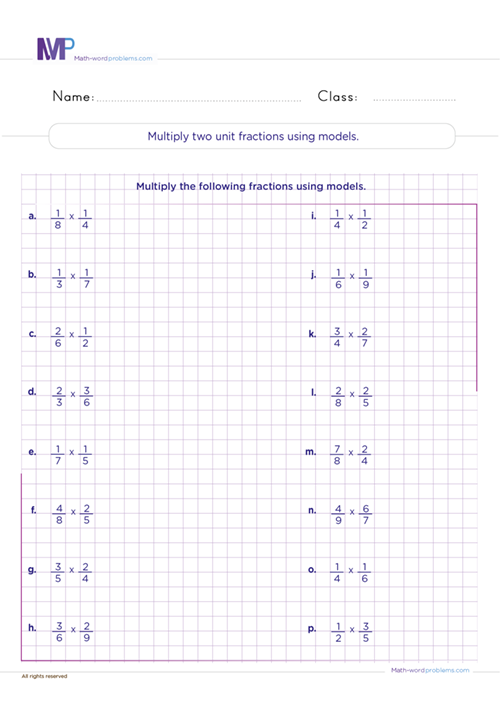 Multiply two unit fractions using models worksheet