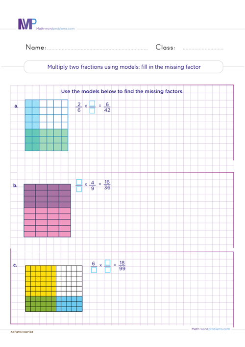 multiply-two-fractions-using-models-fill-in-the-missing-factor worksheet