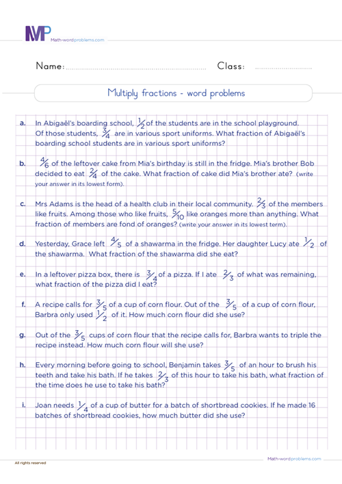 Multiply fractions word problems worksheet